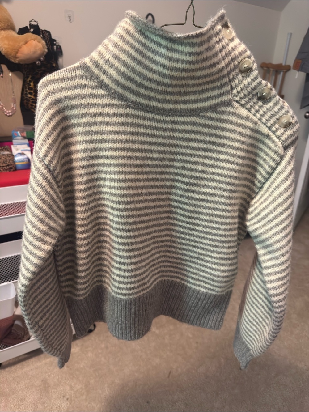Universal Thread Striped Turtleneck Button-Shoulder Sweater - Gray & Cream